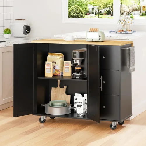Vista 7 de Shintenchi Isla de cocina con hoja plegable, mesa de isla enrollable con almacenamiento, armario de cocina con ruedas con área de asiento para Negro