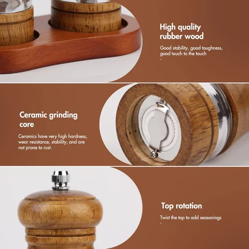 Vista 4 de Juego de molinillo de sal y pimienta, 2 piezas de molinillo de pimienta de roble con soporte, molinillo de cerámica ajustable de 6 pulgadas