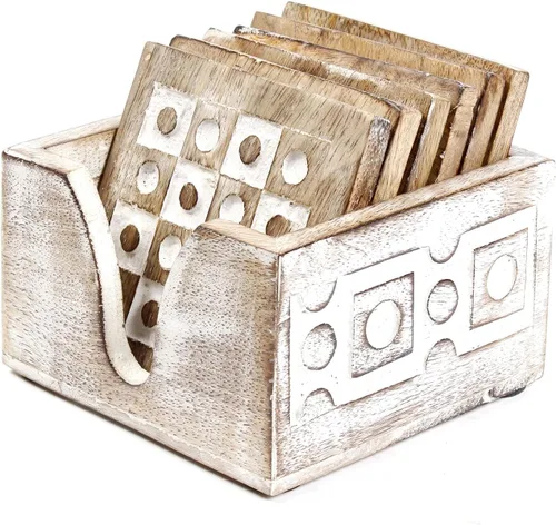 Vista 8 de Juego de 6 posavasos de madera blanqueados para bebida, té, mesa de café, posavasos blancos envejecidos con soporte, comedor, decoración del hogar