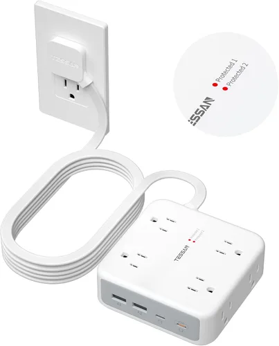 Vista 10 de TESSAN Regleta de Enchufes Protectora de Sobretensiones, Cable de Extensión de 5 Pies Enchufe de Pared Plano con 4 USB (2 USB C) 8 Tomas, Protección