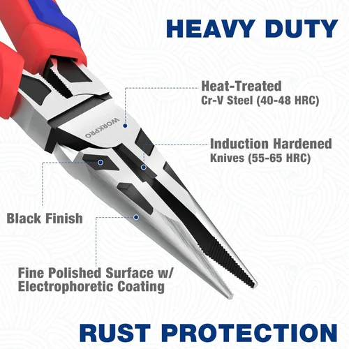 Vista 3 de WORKPRO Alicates de punta de aguja premium de 6 pulgadas, precisión de abrazadera de papel, acero CRV resistente, agarre suave con cortador