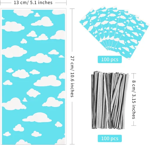Vista 2 de Lecferrarc 100 bolsas de golosinas con estampado de nubes blancas y cielo azul, nubes blancas, bolsas de dulces de celofán, recuerdos de fiesta