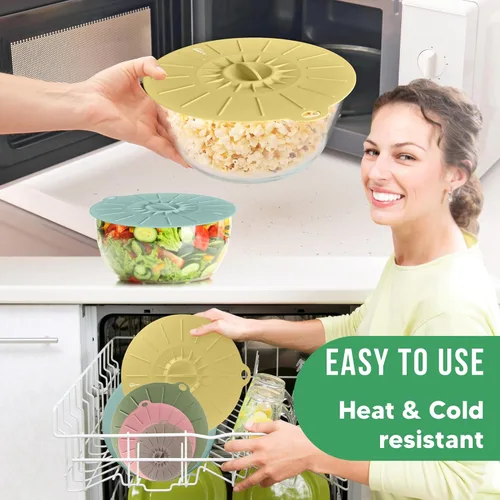 Vista 5 de Tapas de silicona para almacenamiento de alimentos, 6 unidades, 6 tamaños, grado alimenticio, fundas de silicona reutilizables para ollas