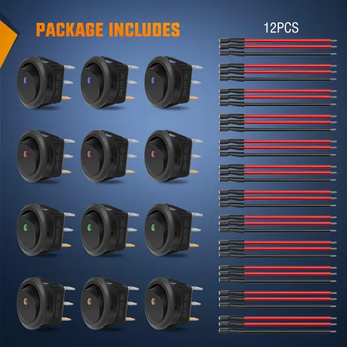 Vista 6 de Nilight Interruptor de palanca basculante de 12 piezas, 3 pines 12V 20A con cable, luz LED redonda, interruptores de encendido y apagado SPST