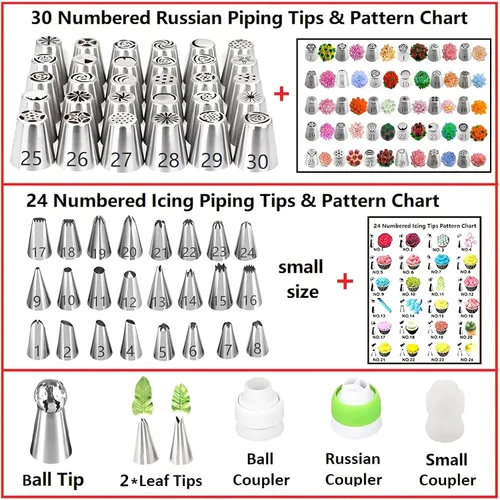 Vista 2 de ANSLYQA Juego de 166 puntas de tubería rusas, con 30 puntas rusas numeradas, 24 puntas de glaseado numeradas, 1 punta de bola, 2 puntas de hojas