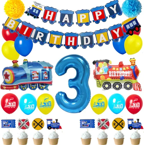 Vista 4 de Tren - Decoraciones de primer cumpleaños para niños, suministros de fiesta de cumpleaños de 1 año con globos de aluminio número 1, globos de látex