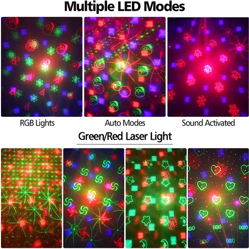 Vista 5 de Luces de fiesta de DJ, luces estroboscópicas giratorias para habitación, control remoto USB y activación por sonido, proyector de múltiples patrones