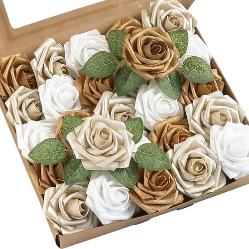 Vista 33 de Floroom Flores artificiales, 25 piezas de rosas falsas de espuma dorada antigua de aspecto real con tallos para ramos de boda DIY, centros de mesa