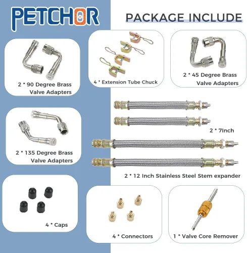 Vista 6 de Extensión de vástago de válvula, 4 extensores de vástago de válvula trenzada de acero inoxidable de 7 y 12 pulgadas, 6 unidades de 45 90 y 135