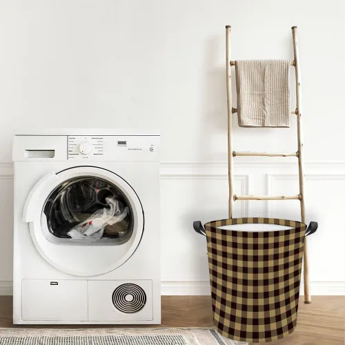 Vista 5 de Cesta de lavandería grande a cuadros de búfalo plegable con asas, bolsa de almacenamiento de ropa impermeable para baño, dormitorio, amarillo y negro