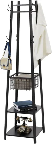 Vista 12 de VECELO Perchero independiente, árbol de pasillo con cesta de metal y estantes de almacenamiento, perchero industrial con 8 ganchos para colgar