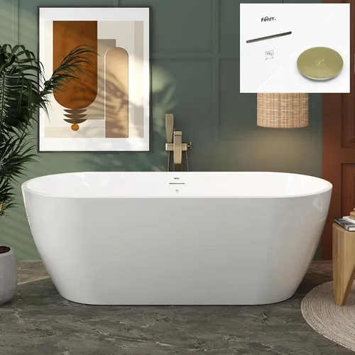 Vista 21 de FerdY Bañera independiente de acrílico Bali de 47 pulgadas, bañera independiente con forma elegante, certificado cUPC, drenaje dorado cepillado