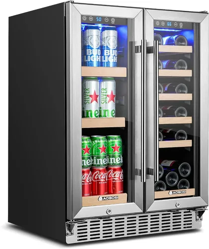AAOBOSI Enfriador de vino y bebidas de doble zona de 88 latas, integrado e independiente, marco de madera extraíble de moda, control digital