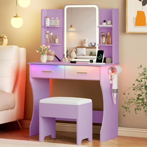 Vista 14 de Escritorio de tocador con espejo de luces LED y toma de corriente, pequeño juego de mesa de tocador de maquillaje con cajones de almacenamiento, 3