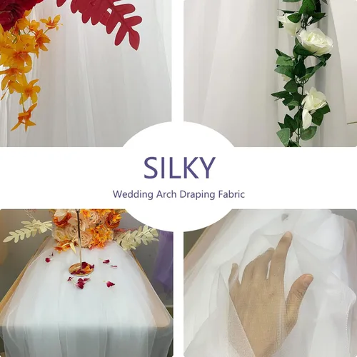 Vista 4 de Tela drapeada para arco de boda, 63 x 26 pies, cortinas blancas para boda, tela de tul, telón de fondo transparente para ceremonia, arco, escenario