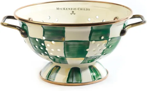 MACKENZIE-CHILDS - Colador esmaltado, colador decorativo para la cocina, pequeño, verde y blanco con diseño de cuadros esmeralda Esmeralda Check