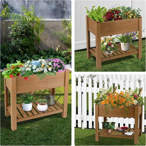 Vista 7 de Cama de jardín elevada para exteriores, jardineras de madera con patas forro protector y agujeros de drenaje, macizos de flores elevados para jardín