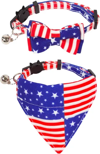 ADOGGYGO Bandana con diseño de bandera estadounidense, collar de gato con corbata de moño extraíble, collares patrióticos para gatitos (4 de julio)