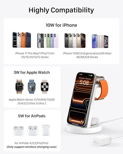 Vista 4 de Estación de carga 3 en 1 para iPhone, cargador inalámbrico para iPhone 17 16e 16 15 14 13 12 11 X Pro Max y Apple Watch - Estación de carga