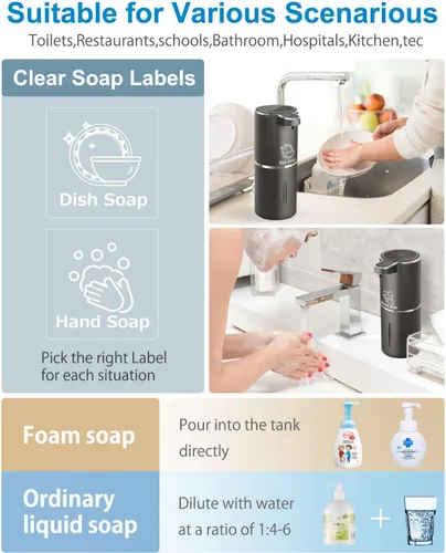 Vista 6 de Dispensador de Jabón Automático con Espuma, 4 Niveles Ajustables, Montaje en Pared, Recargable por USB, 12.8oz/ 380ml, Dispensador de Jabón