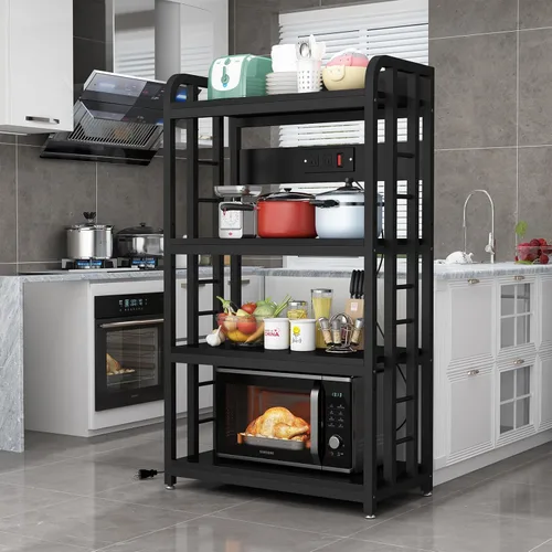 Vista 3 de Estante para panaderos con toma de corriente, soporte para microondas de 4 niveles, estante para panaderos de cocina independiente, soportes