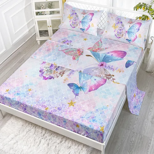 Vista 108 de Juego de sábanas de 4 piezas ajustadas y planas para niñas, estampado de mariposas y flores rosas con 1 + 2 fundas de almohada para cama individual