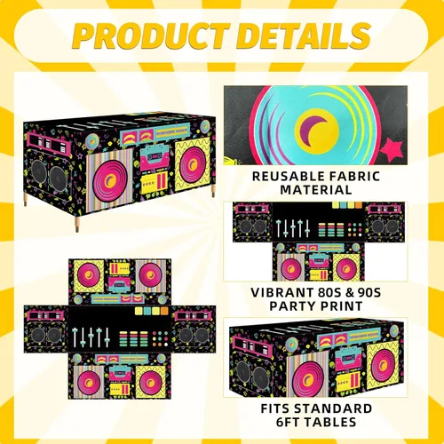 Vista 3 de Mantel rectangular de 6 pies de los años 80 y 90, con estampado de altavoz estéreo de radio retro, funda de mesa de tela lavable para cumpleaños