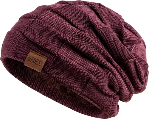 Vista 23 de REDESS Gorro de lana para hombres y mujeres, gorros de invierno cálidos de punto holgados y gruesos tipo calavera A1 negro