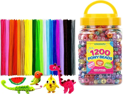 Cuentas de pony a granel para pulseras, 1200 piezas multicolor + 200 limpiadores de tuberías, hacer cuentas a granel para trenzar el cabello