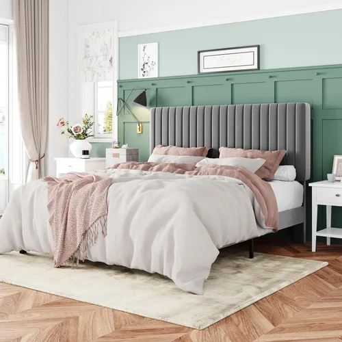Vista 11 de Allewie Base de cama individual, plataforma tapizada de terciopelo con cabecera capitoné de canal vertical ajustable, base de colchón con listones