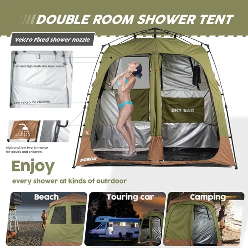 Vista 2 de Porayhut Camping Shower Tent Deluxe Changing Room Easy Set Up Privacy Shelter,Large Toilet Tent with Floor Drain Design for Beach, Camping,Hiking