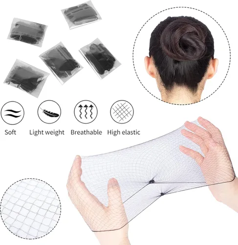 Vista 4 de WeKen Red de pelo invisible con borde elástico para mujeres, servicio de alimentos, ballet, moño, dormir, embalaje individual, 20 pulgadas Negro