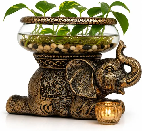 Tazón de cristal de elefante de buena suerte, figura decorativa envejecida dorada con cuenco de vidrio extraíble, terrario, portavelas o acuario de