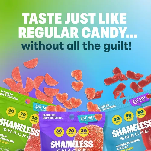 Vista 3 de Shameless Snacks - Gomitas keto bajas en carbohidratos sin gluten - Melocotón, sandía, ballenas Wunderlicious