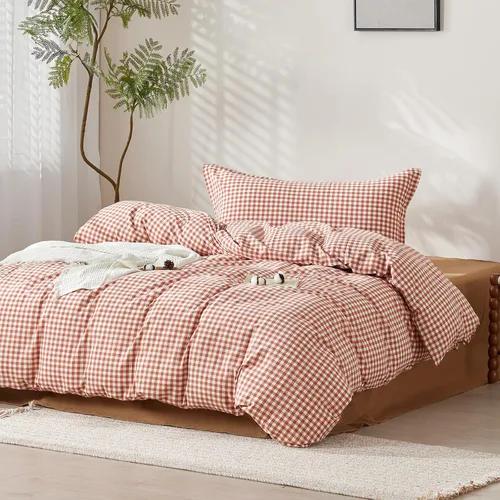 Vista 522 de SAPHREAS Juego de funda de edredón de algodón, tamaño King, a cuadros color gris oscuro y gris, geométrico, 3 piezas, 1 funda de edredón y 2 fundas