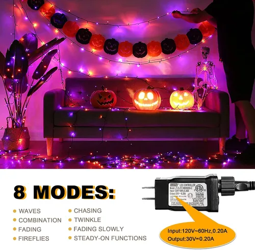 Vista 3 de weillsnow Luces de Halloween Moradas y Naranjas, 200 LED 66 Pies con Enchufe Luces de Cadena de Halloween Impermeables, 8 Modos con Memoria