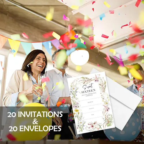 Vista 5 de AEHIE Tarjetas de invitación de flores silvestres para cumpleaños número 16 con sobres, 20 unidades, multicolor