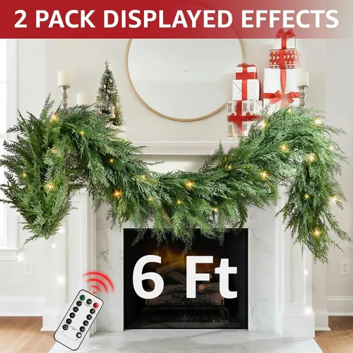 Vista 2 de Guirnalda de Navidad de Cedro con Luces para Repisa de Chimenea - Realista de Tacto Real 9 Pies Guirnaldas Artificiales de Pino Sintético