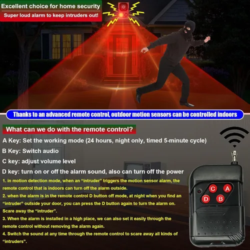 Vista 4 de Alarma de Sensor de Movimiento Solar para Exteriores - Alarma de 129dB, Grabación, Sirena, Ladrido de Perro y Detonación. Con Control Remoto, Sensor