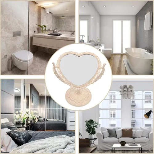 Vista 7 de Lurrose - Espejo de tocador con forma de corazón, espejo de maquillaje de doble cara con espejo de mesa de 360 grados con soporte para baño