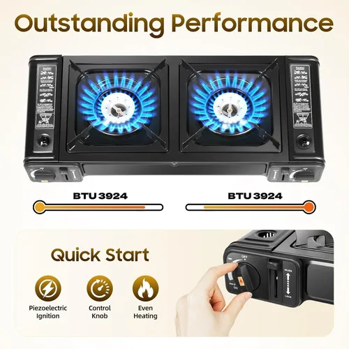 Vista 5 de Estufa de campamento, estufa portátil de butano, estufa de propano de 2 quemadores, estufa de gas propano de doble encendido automático, quemador