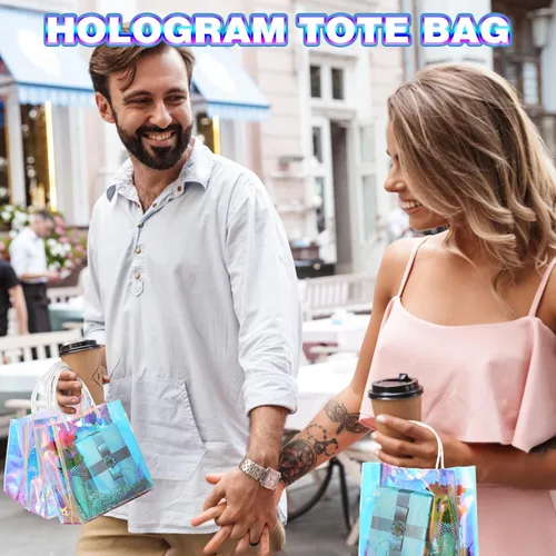 Vista 4 de Sherr 25 bolsas de regalo pequeñas holográficas transparentes iridiscentes reutilizables de plástico de PVC para compras, bodas, cumpleaños, baby