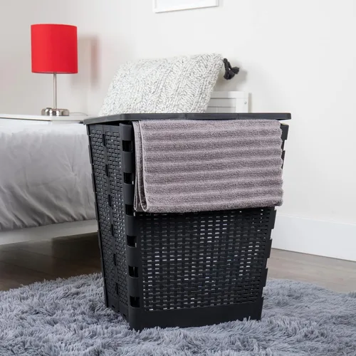 Vista 2 de Mind Reader Cesta plegable para ropa sucia de 61 litros, cesta de ropa, tapa, diseño de mimbre, plástico, 18 pulgadas de largo x 14.5 pulgadas