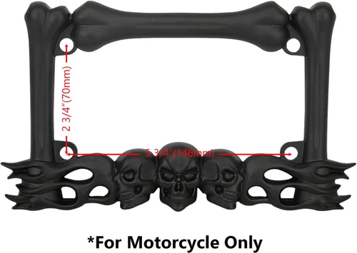 Vista 2 de LPF260-BK - Marco de matrícula de motocicleta con acabado negro mate con diseño de llamas y huesos de calavera 3D
