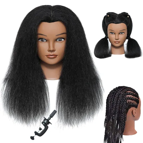 Cabeza de maniquí con cabello humano 100% real, maniquí de cosmetología, cabeza de muñeca, peluquero, práctica de peinado, cabeza de entrenamiento