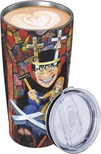 Vista 2 de Proborn Anime Junji Ito - Tazas de acero inoxidable de 20 onzas con aislamiento para café con tapa y pajilla, vaso de viaje al vacío