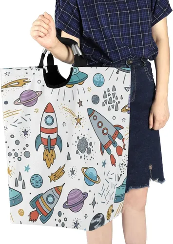 Vista 7 de Blueangle Cesta de ropa sucia plegable y duradera con diseño de cohetes de dibujos animados, organizador de lavandería grande