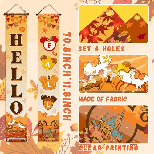Vista 5 de Letrero decorativo para porche con texto en inglés "Hello Fall", suministros temáticos de otoño, diseño de ratón, calabaza, puerta, hoja, arce