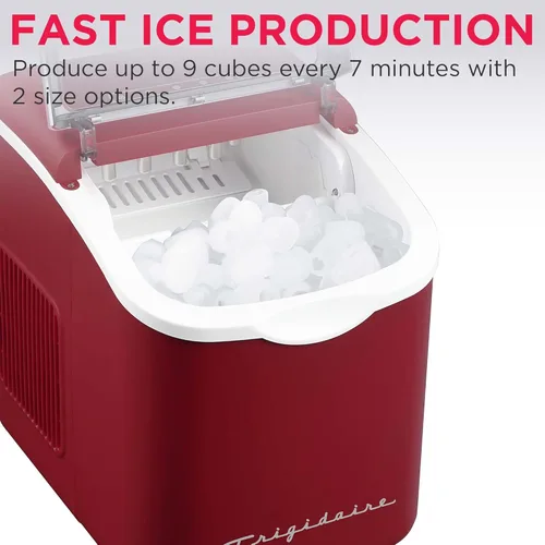 Vista 4 de FRIGIDAIRE Máquina de hacer hielo compacta retro, hielo bala, 26 libras por día (MerlotRed)