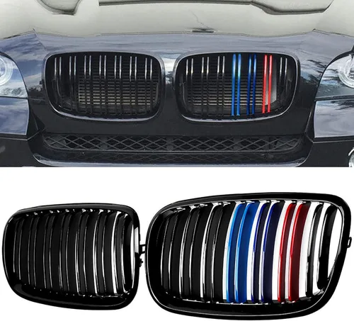 Vista 22 de Parrilla de riñón para parachoques delantero, color negro brillante, compatible con BMW X5 E70 X6 E71 2007-2014 doble listón doble línea